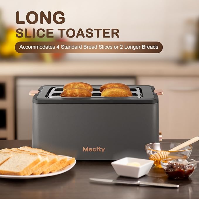 Mecity 4 Slice Toaster Long Slot Toaster With Warming Rack Timer Bagel Defrost Reheat Functions Crumb Tray 6 Browning Settings Extra Wide Long Slots Stainless Steel 1300W Grey