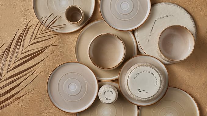 Stone by Mercer Project SHOSAI 16-Piece Stoneware Dinnerware Set Plates and Bowls Set Modern Dishware set fo 4 Sand
