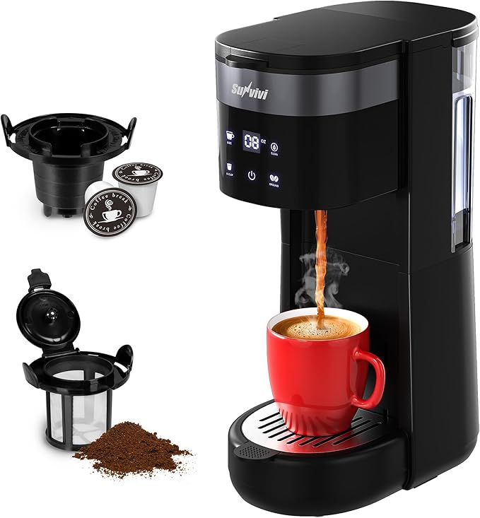 SUNVIVI 3-in-1 Single Serve Coffee MachineBrewer for K-Cup Pods Ground Coffee and Teas Brew Sizes 8 to 14oz 30oz Removable Water Reservoir 2 Cup Trays Self-Cleaning Function - Black