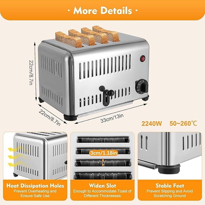 4 Slice Bread Toaster 2240W 110V 220V Stainless Steel Pop-Up Bread Baking Machine Adjustable Quantity Toaster with Timing Function Suitable for Home Restaurant Bakery