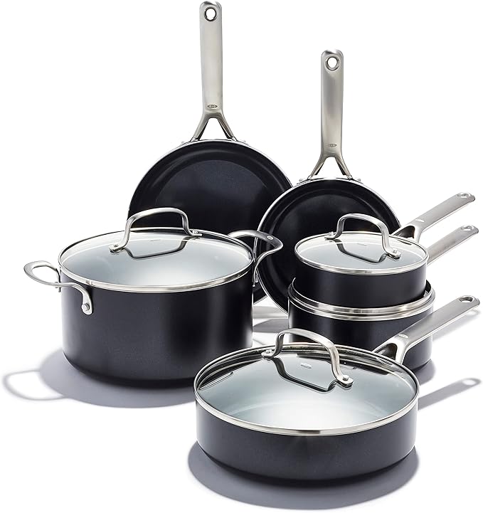 OXO Agility Series 10 Piece Cookware Pots and Pans Set Ceramic Nonstick PFAS-Free Induction SkilletsSaucepansLidsEven HeatingStainless Steel HandlesChip-Free RimsDishwasher &amp Oven SafeBl