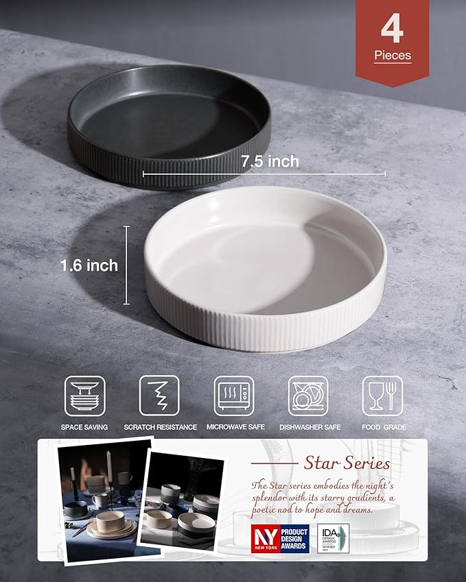Famiware Star Dinnerware Set with Plates and Bowls Service for 4 (16-Piece) Stoneware Kitchen Dishes Dinner Sets - Matte White &amp Matte Dark Charcoal