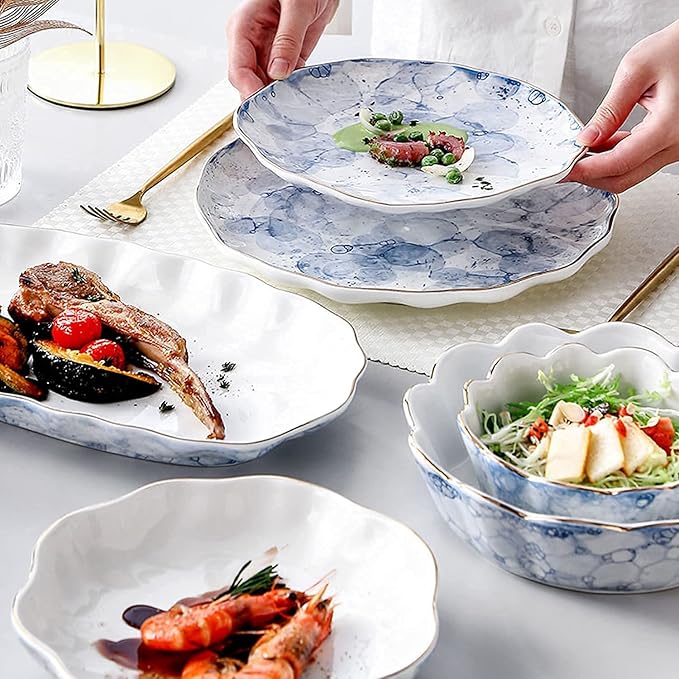 Dinner Set for Luxury Restaurant and Home 24 Pieces Porcelain Dish Set Dinnerware Sets Plates and Bowls Sets for 8 Blue Foam Series 24k Gold-PlatedB