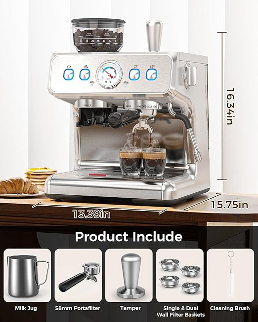 COWSAR (2025 Upgrade 15 Bar Espresso Machine with Grinder &amp Milk Frother Steam Wand Tamping Tools58mm Commercial Espresso Maker for HomeCoffee Maker with Grinder Perfect for latteCappuccino