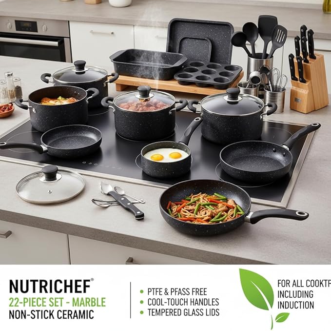 NutriChef 22‑Piece Non‑Stick Ceramic Pots and Pans Set – For All Cooktops Including Induction – PTFE &amp PFAS Free Includes Bakeware &amp Utensils
