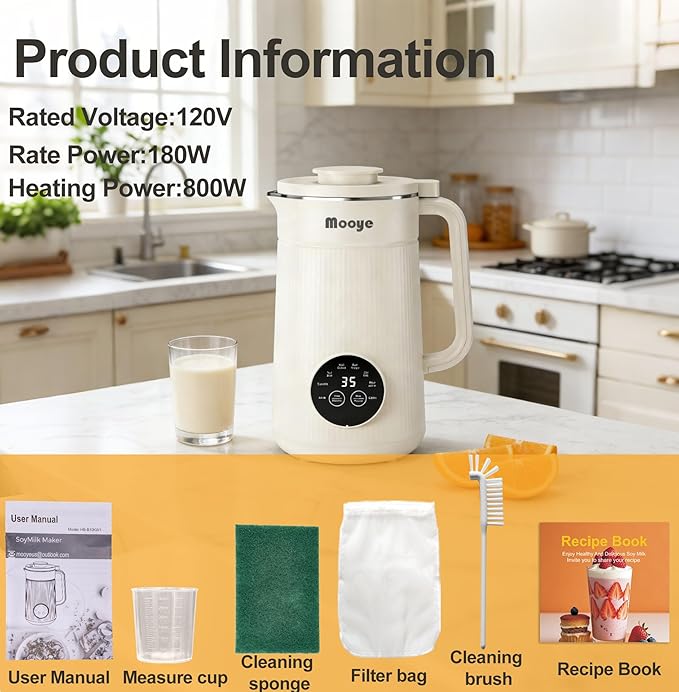 8 in 1 Automatic Nut Milk Maker Machine 35oz Multi-Functional Soybean Milk Maker with 10 Blades Plant-Based Oat Almond Dairy Free Beverages with 12h Timer Heating Auto-clean Keep Warm 2h