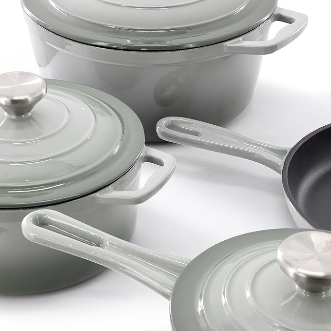 MegaChef 7 Piece Enameled Cast Iron Cookware Set in Gray