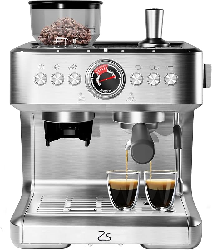 20 Bar Espresso Coffee Machine with Integrated Grinder 15 Grind Settings Stainless Steel Home Coffee Maker Steam Wand for Cappuccino &amp Latte Large 2.8l Removable Water Tank Professional Brewi