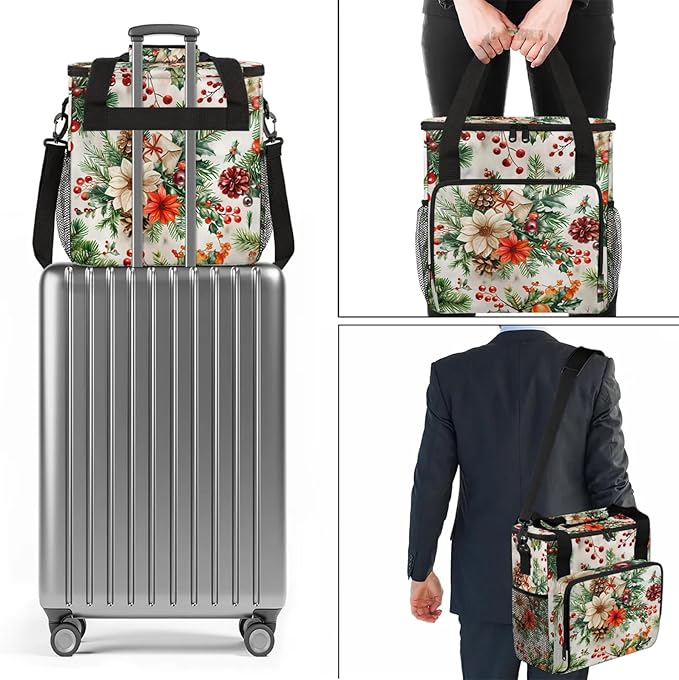 Flowers Leaves Berries Branches Christmas Coffee Maker Carring Bag Large Insulated Storage Organizer Case Tote Bags with Shoulder Strap for Travel Work Picnic