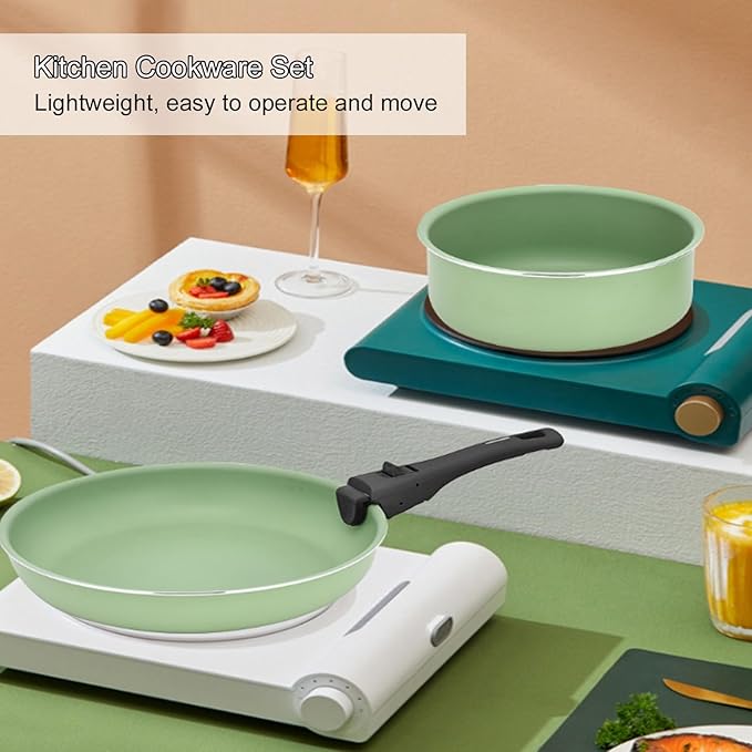 Pots and Pans Set 6 Piece Nonstick Cookware Set Saucepan and Frying Pan Sets with Detachable Handle Kitchen Cookware Set for All Stove Hobs Stackable Design Aluminum Green