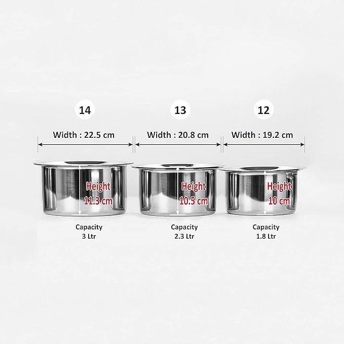 Theglobalstore Set of 3 Stainless Steel Heavy Flat Bottom Container Set/Tope/Patila/Cookware Set with Lids (1.8 LTR 2.3 LTR 3 LTR)