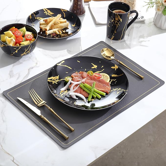 Modern Porcelain 16 Piece Black Dinnerware SetPlates and Bowls SetsGold Dish Set for 4Black Dinnerware SetDinner Sets with Dinner Plates