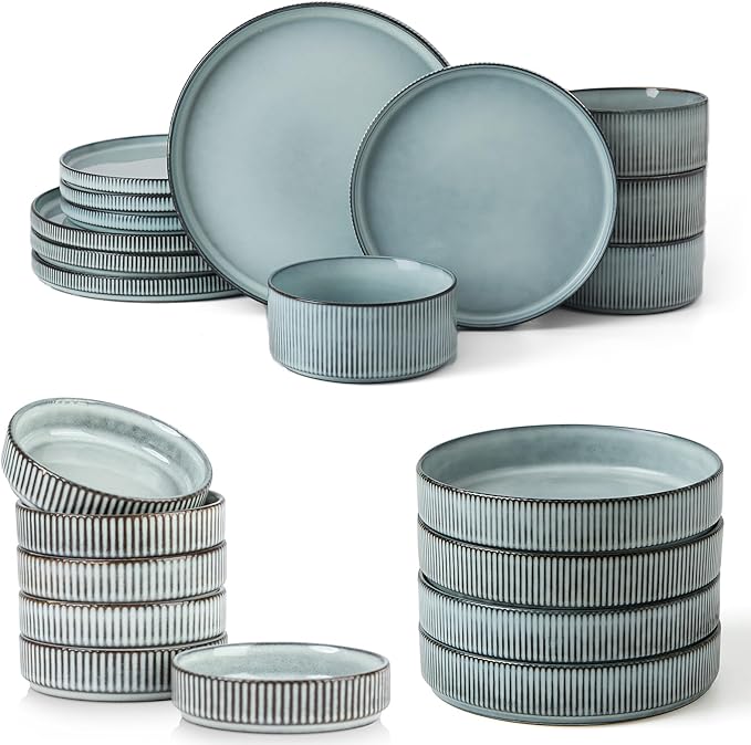 Famiware Dinnerware Set for 4 (12 Piece) and 8.25 Paste Bowl Set (4 Piece) and 4oz Dipping Bowl Set (6 Piece) - Star Stoneware Dishes - Smoky Blue