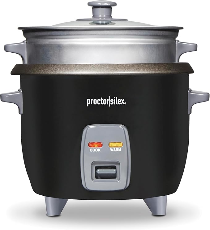 Proctor Silex Rice Cooker &amp Food Steamer 6 Cups Cooked (3 Cups Uncooked) Includes Steam and Rinsing Basket Black (37510)