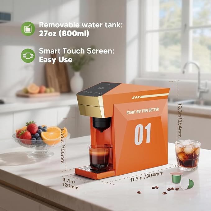 BENFUCHEN 4 in1 Single Serve Coffee Maker 19 Bar Espresso Coffee Machine For KCup/Nespre sso OriginalLine Capsules/Ground Coffee Single Cup Coffee Brewer 1400W Fast Brew in 1 Minute Vibrant Orange