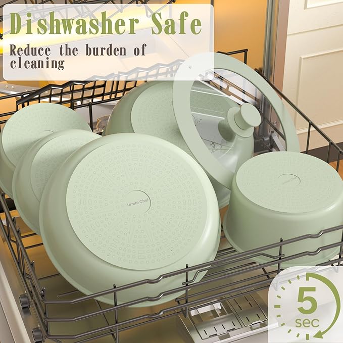 Umite Chef Non Stick Pots and Pans Set 21 Pcs Ceramic Kitchen Cookware Set with Detachable Handle Nonstick Healthy Induction Cookware Dishwasher RV Cookware Set Oven Safe Stackable Sage Green