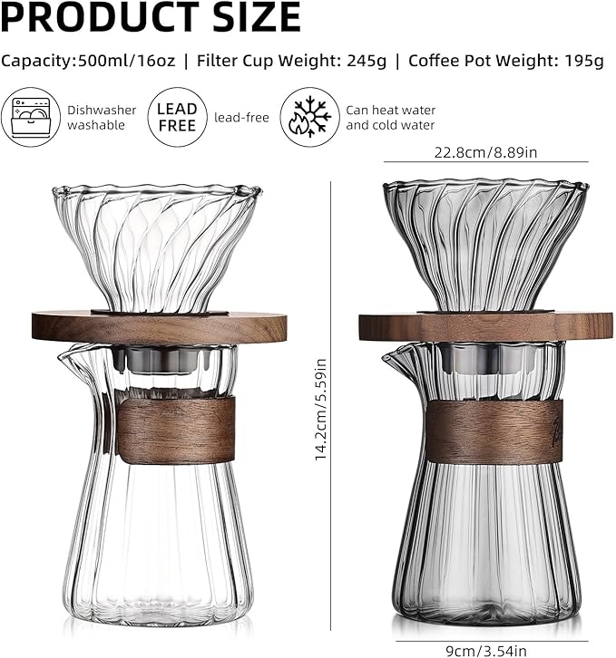 Bincoo Pour Over Coffee Maker Set - 500ML Glass Coffee Server Coffee Carafe with Walnut Dripper and 50PCS Paper Filter Drip Coffee Maker Set for Home Café Restaurant