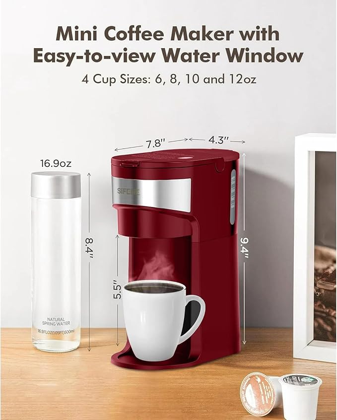 SIFENE Mini Single Serve Coffee Maker 2-in-1 Portable Drip Machine for K-Pods &amp Ground Coffee Fast Brew Auto Shut-Off Easy Clean Max Cup Height 5.5 Compact for Travel Office Dorm Red