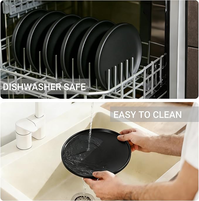 GZG Classic Series - Plates and Bowls Set for 4 12 Piece Stoneware Dinnerware Sets Microwave and Dishwasher Safe Lead-Free Handcrafted Ceramic Dishes Set - Matte Black