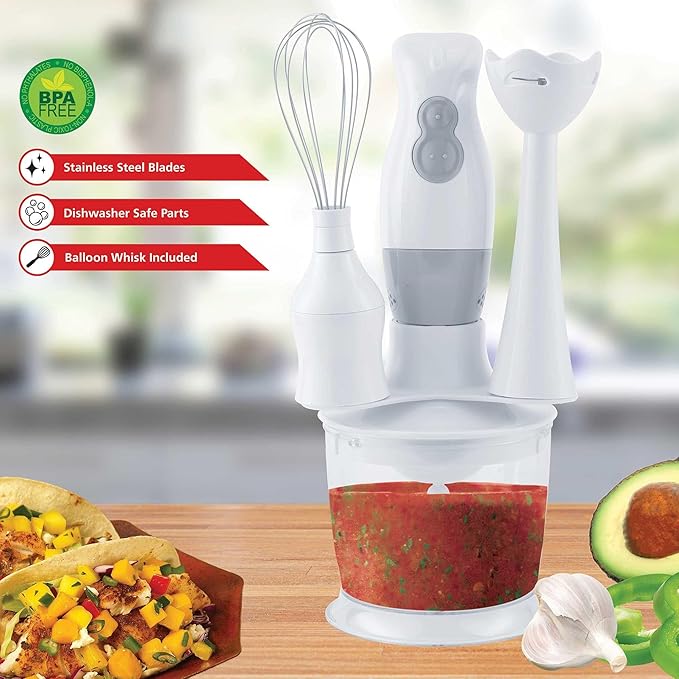 2-Speed Electric Hand Blender with Balloon Whisk – Ergonomic Immersion Blender for Mixing Chopping and Food Processing – Stainless Steel Blades 5ft Cord Dishwasher Safe (White)
