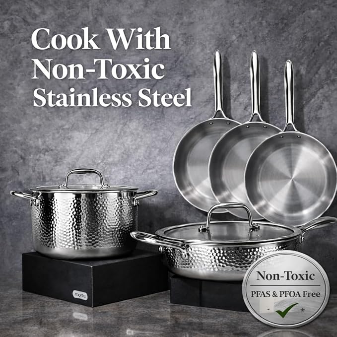 imarku 14-Piece Stainless Steel Cookware Set Tir-Ply Pots and Pans Set with Lids Induction Compatible Oven Safe to 500°F Non-ToxicDishwasher Safe Ideal Gift for Home Cooking Women