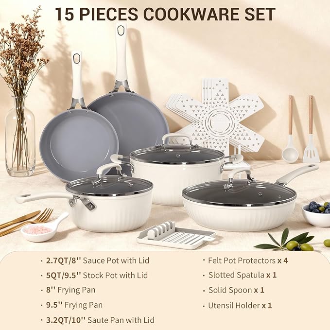 Ammeloo 15-Piece Ribbed Ceramic Cookware Set Pots and Pans Set Non Stick Induction Ready Healthy Non Toxic Kitchen Cooking Set PFAS/PFOA/PTFE-Free Silicone-wrapped Stay-Cool Handle