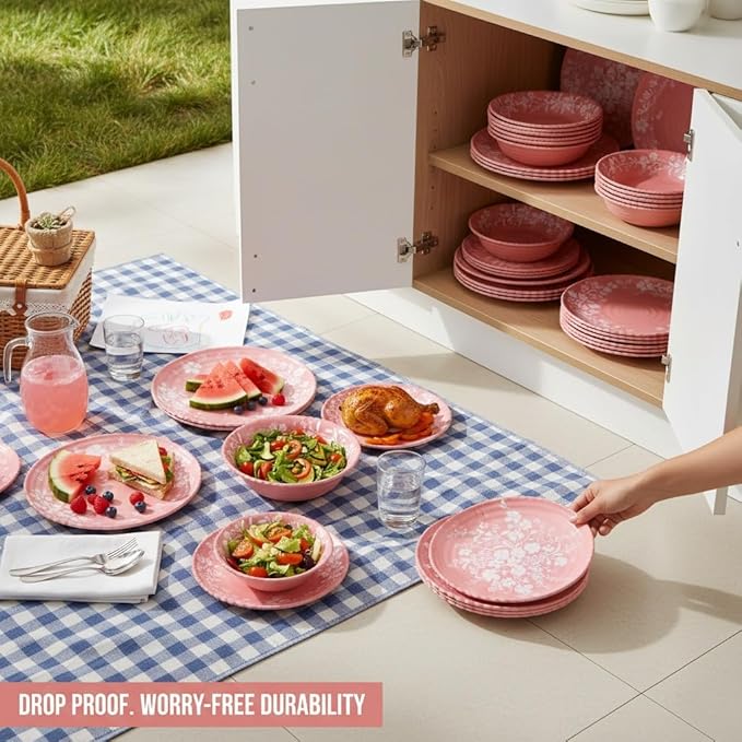 12-Piece Daisy Bamboo Melamine Dinnerware Set Pink Floral Wave-Edge Design Dishwasher Safe Ideal for Brunch Afternoon Tea &amp Cozy Family Dining