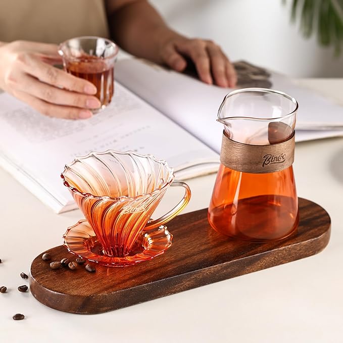 Bincoo Pour Over Coffee Maker Set - 500ML Glass Coffee ServerGlass Carafe with Coffee Dripper and 50PCS Paper Filter Drip Coffee Maker Set for Home Café Restaurant (Orange)