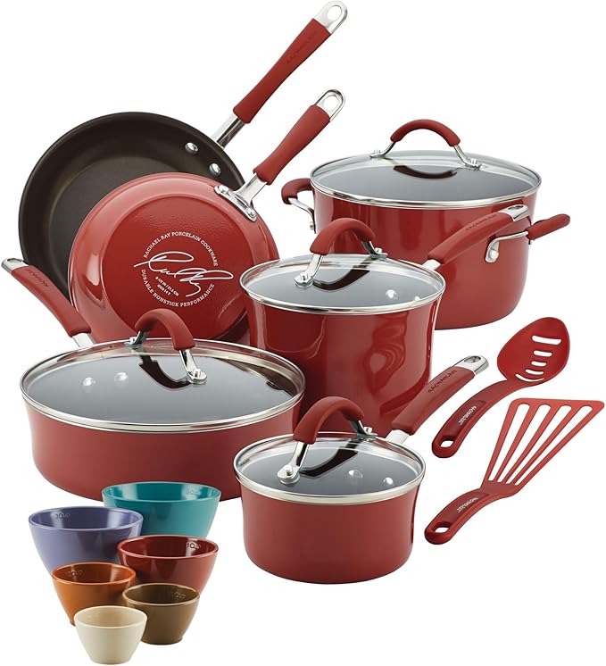 18-Piece Nonstick Cookware and Prep Bowl Set Red
