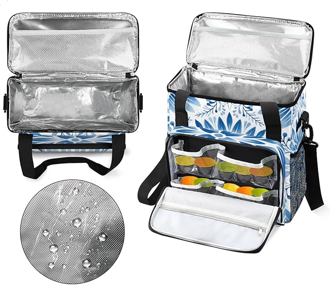 Blue White Floral Coffee Maker Travel Bag for Keurig K-Mini/K-Mini Plus Insulated Waterproof Tote with Pockets for Portable Single-Serve Brewer Case