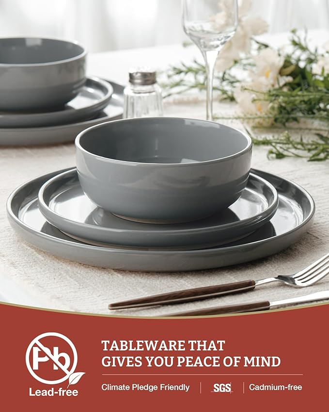 Famiware Milkyway Plates and Bowls Set 12 Pieces Dinnerware Sets Dishes Set for 4 Dark Gray