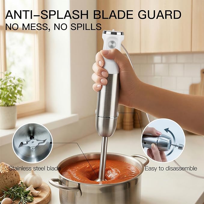 Megawise HB-2043 1000W 5-in-1 Immersion Hand Blender Powerful Stick Blender with Variable Speed &amp Turbo Stainless Steel Blades Includes Whisk Milk Frother Chopper &amp Beaker(White)