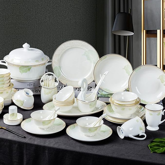Home Banquet Cutlery Set White Bone China Cutlery Set with Dinner Plates Dessert Plates Soup Plates Saucers for Gifts Wedding Hotel 62 Piece