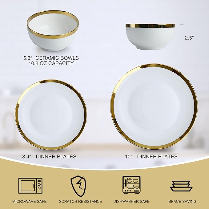 Luxury 12-Piece white Dinnerware Set with Gold Rim for 4Elegant White bone china Porcelain Plates &amp Bowls Microwave and Dishwasher Safe Chip Resistant Fine Dining Set