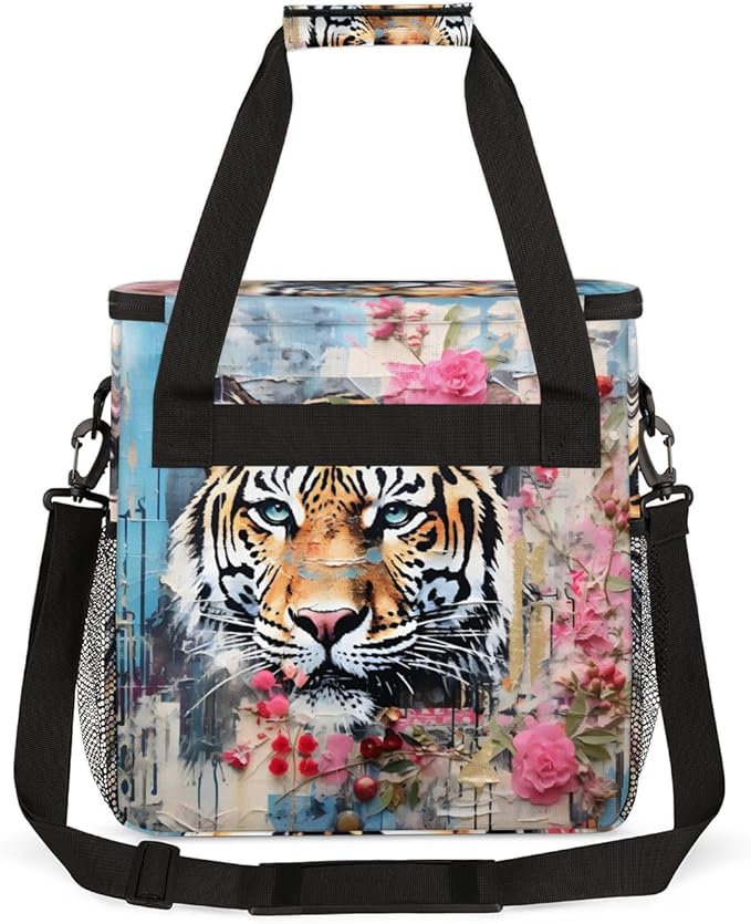 Oil Painting Tiger Coffee Maker Carrying Bag Graffiti Tiger Travel Storage Bag Compatible with K-Mini or K-Mini Plus Single Serve Coffee Brewer Carrying Case with Multiple Pockets &amp Shoulder Str