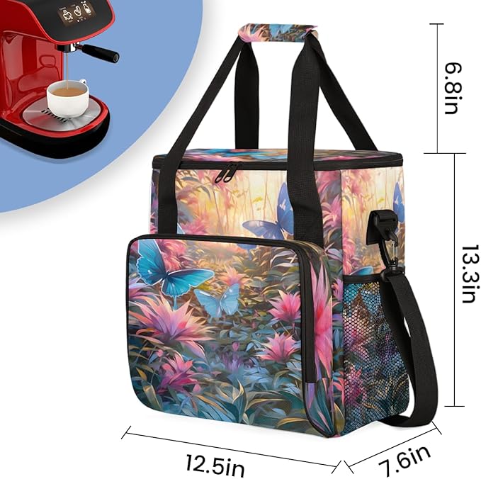 Watercolor Butterfly Coffee Maker Carrying Bag Gorgeous Butterfly Travel Storage Bag Compatible with K-Mini or K-Mini Plus Single Serve Coffee Brewer Carrying Case with Pockets &amp Shoulder Strap