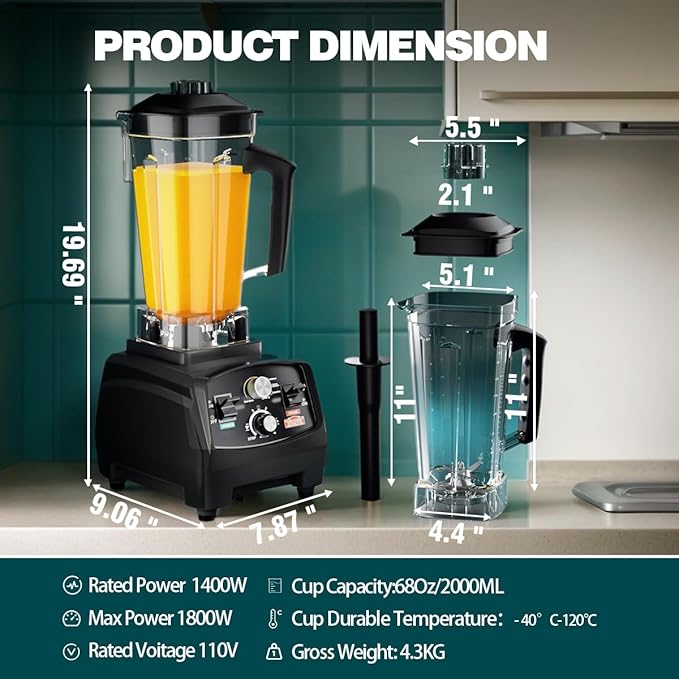 Smoothie Blender 1800W Powerful Blenders for Kitchen 68 Oz Large Capacity and BPA-Free Containers with To-Go Cup Countertop Blender for Smoothies Ice Crushing &amp Frozen Drinks
