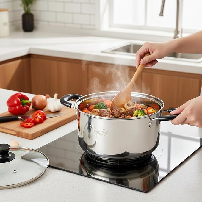 Chandler Stainless Steel Cookware Set 13-piece Pots and Pans with Tempered Glass Lid - Cooking Set with Deep Pans Saucepans &amp Pots Compatible for Family Meals (13-Pieces Stainless Steel)