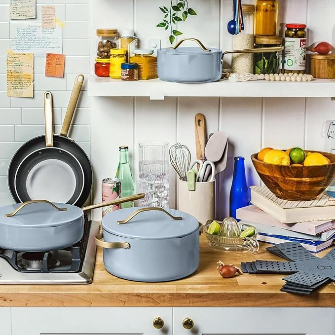 Pans12pc Ceramic Non-Stick Cookware Set by Drew Barrymore Pots &amp Pans with Lids Dishwasher‑SafeSoft‑Touch Handles Even‑Heat Base. (Cornflower Blue)