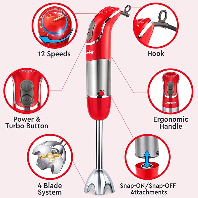 Mueller Multistick 800W 5-in-1 Immersion Blender Handheld 12 Speed Hand Mixer - Turbo Boost Heaviest Duty Copper Motor Titanium Blades Hand Blender Milk Frother Wand Red Kitchen Accessories