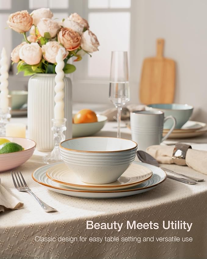 Famiware Jupiter Stoneware Dinnerware Sets for 4 (16-Piece) Handcrafted Dishes with Embossed Swirl &amp Speckles Multi-Color - Includes Chip Resistant Pasta Bowl &amp Dinner Plate for Daily &amp
