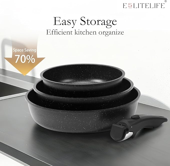 ESLITE LIFE Nonstick Cookware Sets with Detachable HandleCeramic Coating Pots and Pans Set Kitchen Cooking Set Compatible with All Stovetops PTFE &amp PFOA Free Black 10 Pcs Set