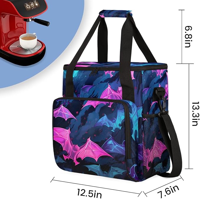 Gothic Bat Coffee Maker Carrying Bag Glitter Bat Travel Storage Bag Compatible with K-Mini or K-Mini Plus Single Serve Coffee Brewer Carrying Case with Multiple Pockets &amp Shoulder Strap