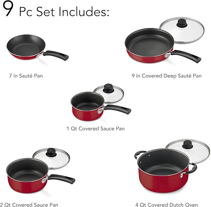 Cookware Set 9-Piece Non-stick Cookware Set Includes Frying Pan and Soup Pot Stackable Dishwasher and Oven Safe Suitable for Frying Making Sauces and Stir-frying (Red)