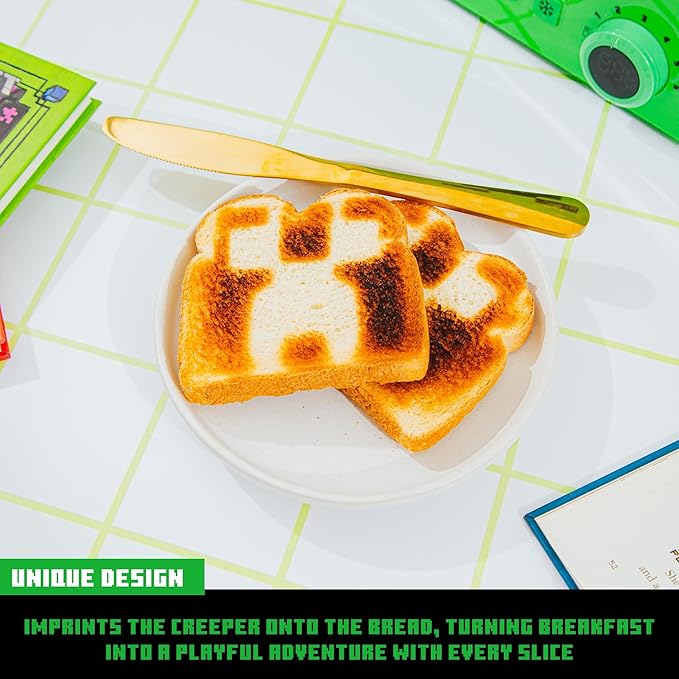 Minecraft Green Creeper 2-Slice Toaster For Bagels Waffles and Breads | Features 6 Settings With Defrost Option | Imprints Creeper Symbol On Bread