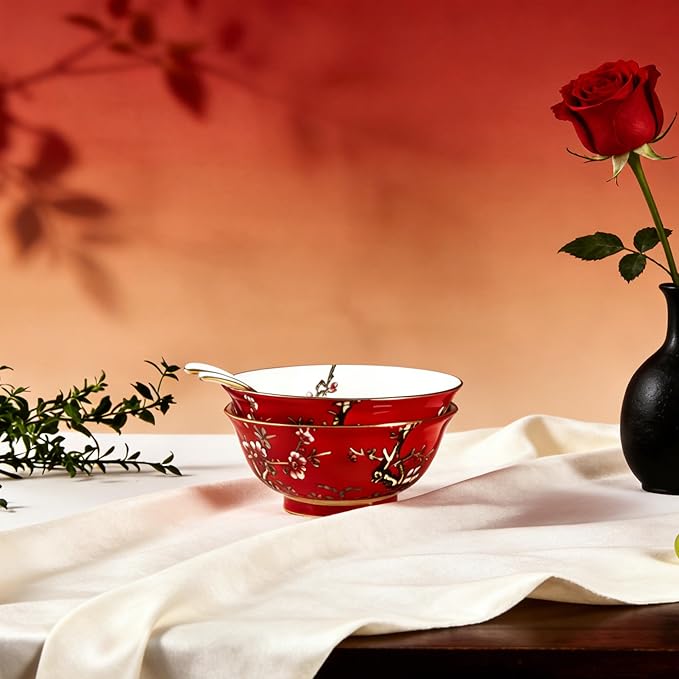 48 Piece Fine Bone China Dinnerware Set Luxury Dinner Set with Elegant Gold Rim (Royal Red)