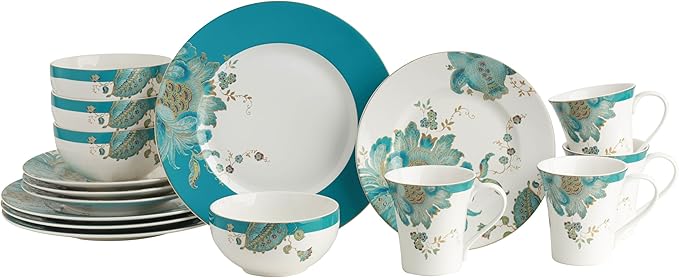 222 Fifth 16-Piece Porcelain Dinnerware Set for 4 Elegant Floral Plates and Bowls Sets-White Teal Gold Ceramic Dishes Chip Resistant Kitchen and Dining Dish Set Microwave &amp Dishwasher Safe E