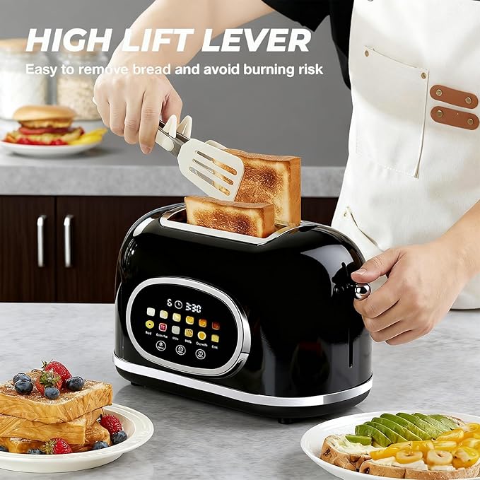 Roter Mond 2 Slice Toaster Smart Touch Screen Retro Stainless Steel Bread Toaster with Digital Timer Sleep Mode Bagel Cancel and Defrost Functions 6 Bread Types and Shade Settings Black