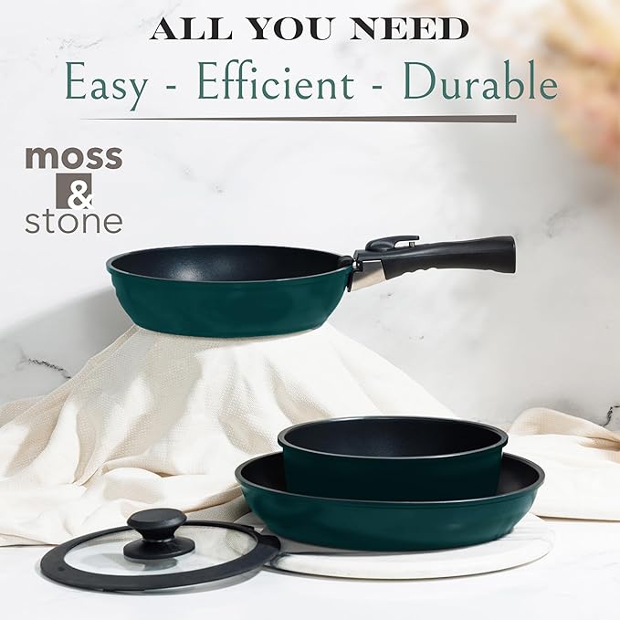Moss &amp Stone Aluminum Pots And Pans Set Nonstick Removable Handle Cookware Stackable  Dishwasher Safe Induction Camping Cookware Set. (10 Pieces Blue)