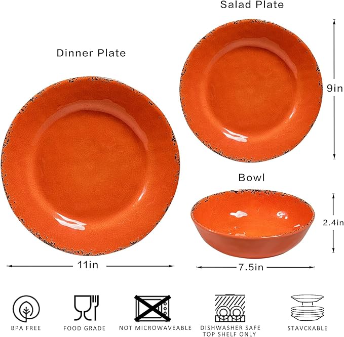Rustic Melamine Dinnerware Sets Farmhouse Dishes Set for 4 Lightweight 12 Piece Kitchen Plates and Bowls Set for Indoor and Outdoor Use Dishwasher Safe Orange